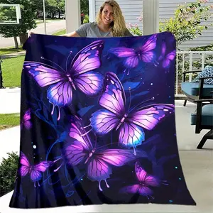 1Pc Purple Butterfly Blanket For Home - Lightweight Flannel Throw For Sofa, Bed, Travel, Camping, Living Room, Office, Couch, Chair, And Bed - Digital Printing Fleece Blanket With Soft And Warm Flannel Fabric
