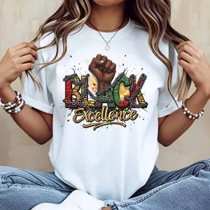 Black Power Fist And Black Excellence Text Print T Shirt White Casual Loose Fit For Everyday Wear And Sports Activities