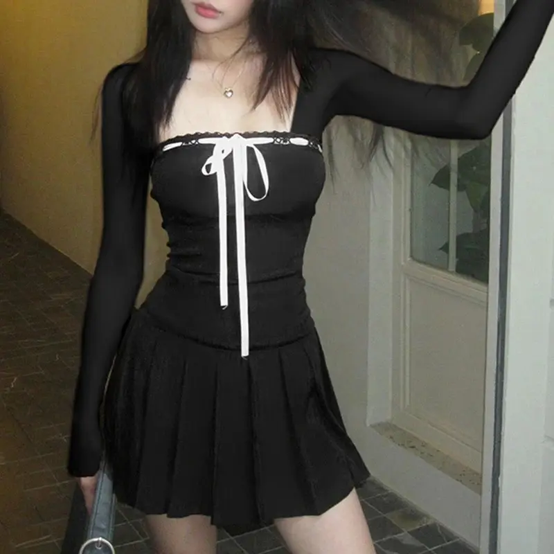 New styleRockmore Black Lace Up Square Collar Dresses Fashion Balletcore Aesthetic Bodycon Long Sleeve Mini Dress Korean Style