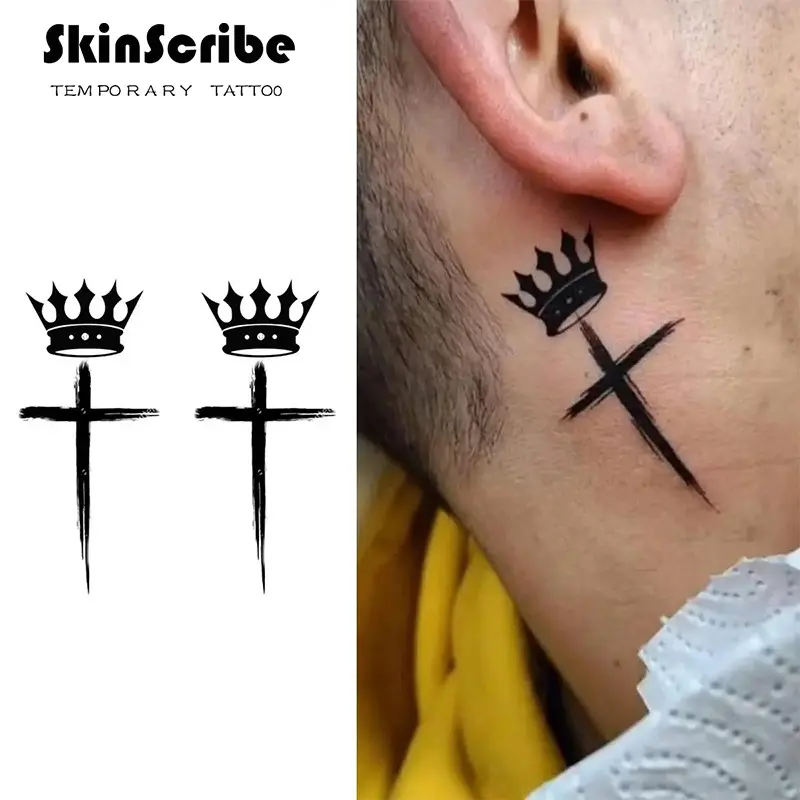 Minimalist style Tattoo Tech Cross Series Crown Temporary Tattoos 2 Sheets Semi-Permanent Waterproof Realistic Look Versatile Use for Men and Women Ideal for Swimming Party Events - Temporary tattoo