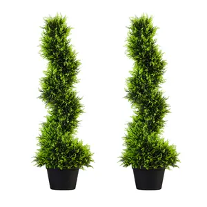 Set of 2 39 inchBoxwood Artificial Cedar Spiral Topiary Trees – Decorative Fake Greenery in Planter Pots