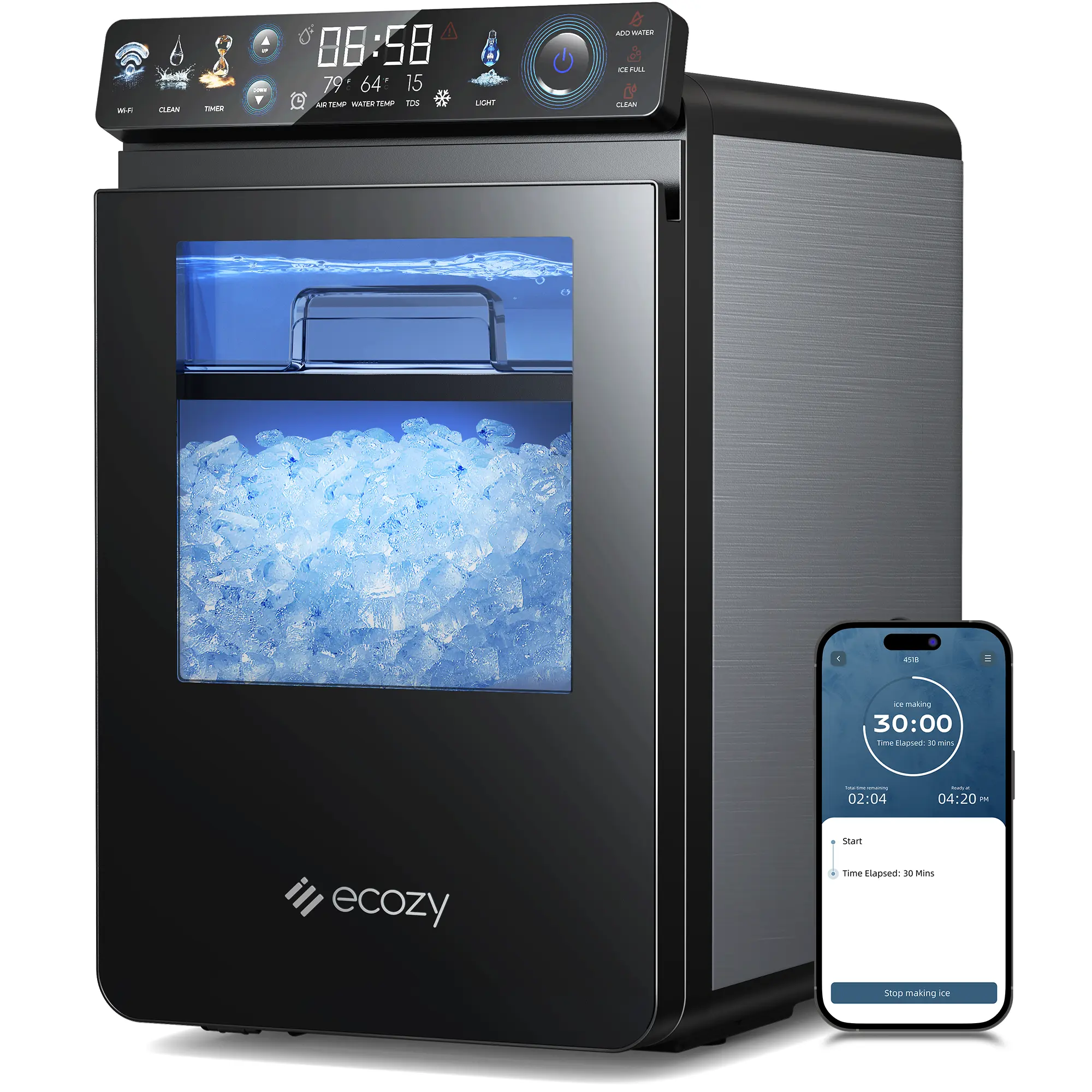 <Ice on Tap for Every Match > ecozy WiFi Smart Nugget Ice Maker Countertop, Full-Color Smart Panel Ice Machine, 44 lbs/Day, Pull-Out Water Tank, Self-Cleaning