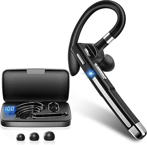 Headphones Wireless Bluetooth 6.1 Headset with CVC8.0 Dual Microphone 100 Hours Playtime In-Ear Headphones 1.5 Hours Quick Charge LED Charging Box Two Device Connection Earphones for Driving/Business