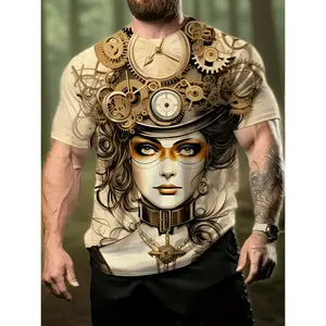 3D Digital Printed Men'S Steampunk T-Shirt, Vintage Gear And Goggles Graphic Tee, Round Neck Short Sleeve Polyester Top, Fantasy Mechanical Design for Casual Wear And Parties