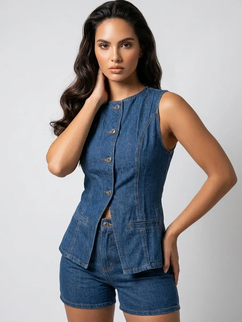 Premium 2-Piece Summer Denim Set – Lightweight Vest & High-Waisted Shorts