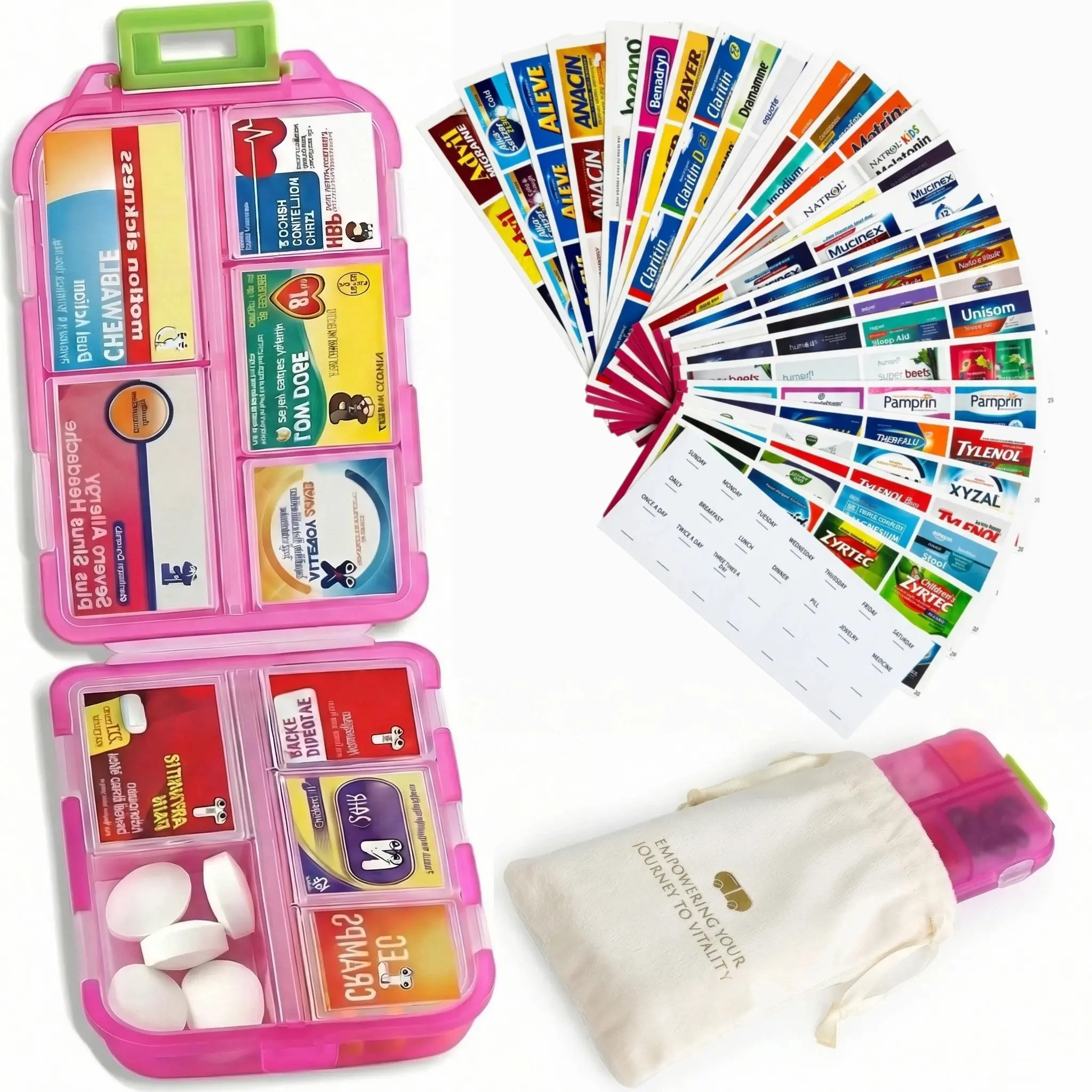 7-day pill storage box with 300 medication labels and date stickers, 10 grid mini portable daily pill box, complimentary storage bag, travel essentials, home medicine box essentials, vitamin storage box
