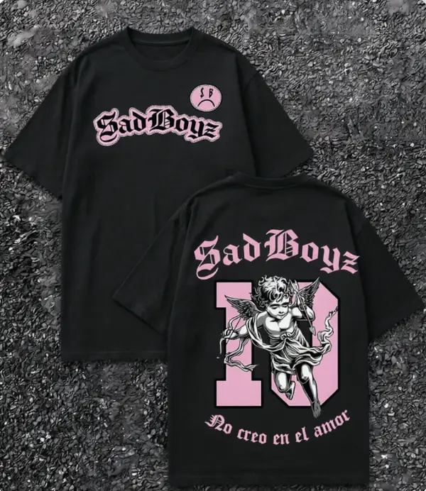 Women's Short-Sleeve Gothic T-Shirt, Anti-Love Emo Vibe Tops with Sad Boyz-Angel-Cupidon Double Print & "No Creo En El Amor" Script Slogan, Breathable Heavy Cotton Unisex Summer Clothes for Night Club Parties, Shortsleeve
