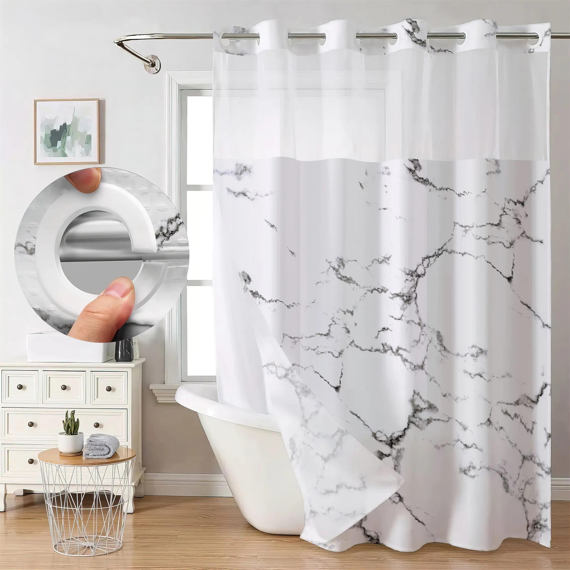 Classic Polyester No-Hook Marble Shower Curtain with Snap-In Liner, Waffle Pattern, Built-In Hook Installation, Modern Waterproof Bathroom Home Accessory, Shower Curtains, Enhances Aesthetic