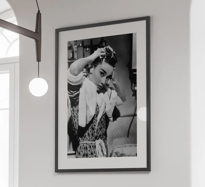 Audrey Hepburn Washing her Hair Print, Black and White, Girls Bathroom Wall Art, Vintage Photography, Old Hollywood
