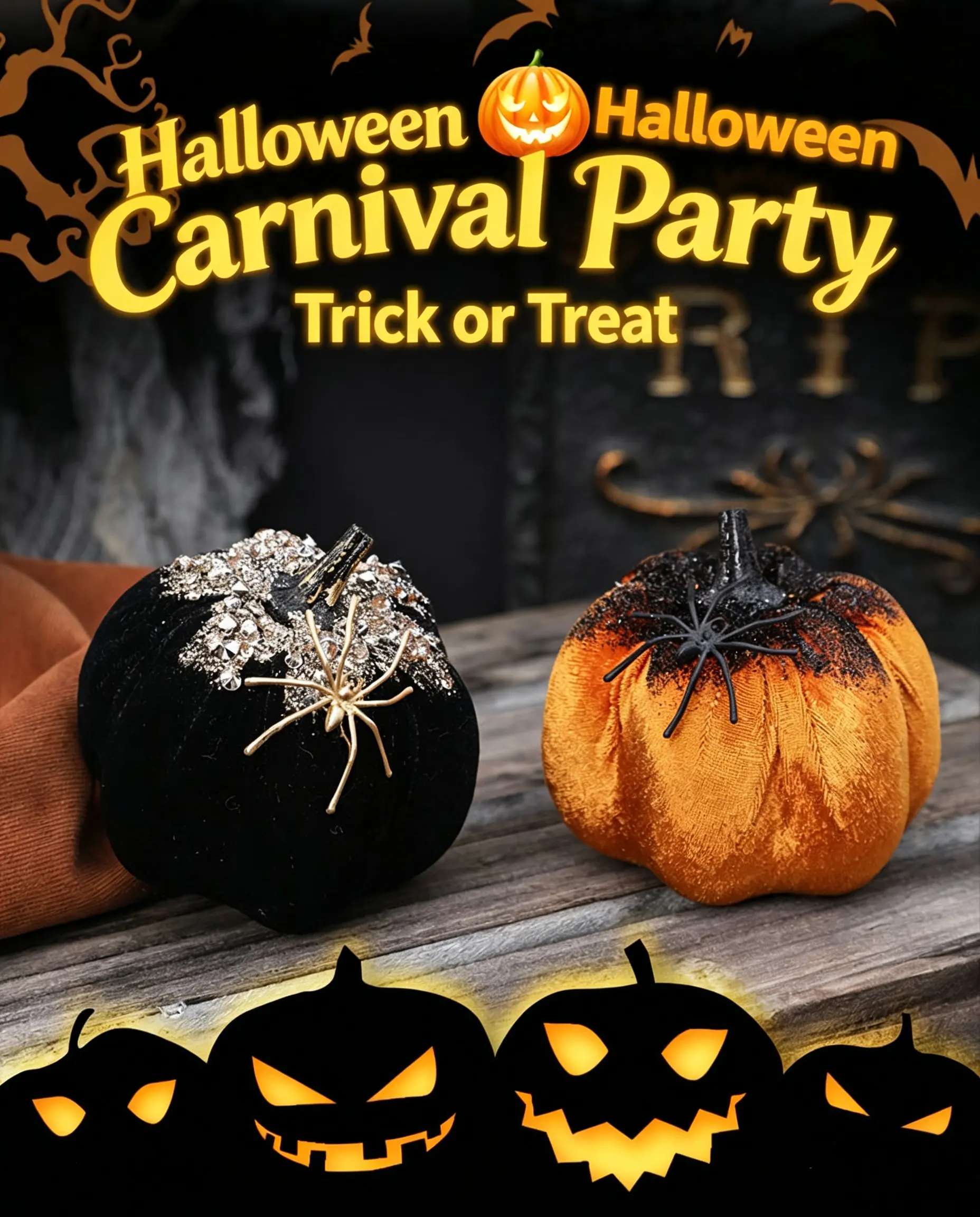 Velvet Fabric Faux Pumpkin Ornament, Gothic Spider Glitter Decor, Hand‑made Spooky Tabletop Centerpiece, Premium Soft Cloth Fall Ornament For Halloween Party, Fireplace Mantel, Shelf Display And Goth‑themed Indoor Home Decoration