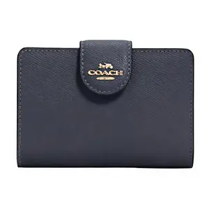 COACH Leather Corner Zip Card Wallet with Snap Closure for Women in Midnight Blue