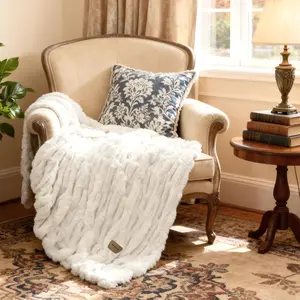 Bedsure Gentlesoft Double-Sided Ruched Faux Fur Throw Blanket for Couch, Cozy Soft Fuzzy Fluffy Faux Rabbit suggFur Blanket, Luxury Gifts for Women Thick Warm Plush Room Decor