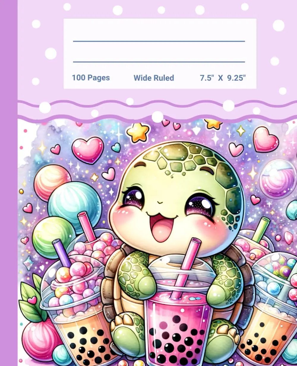 Wide Ruled Notebook: Purple Kawaii Composition Notebook With Adorable Cute Baby Turtle And Bubble Tea | For Teens, Girls, Kids, Students | Back To School Supplies | 7.5 X 9.25 | 110 Pages