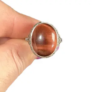 Large Oval Red Tiger Eye S925 silver adjustable ring