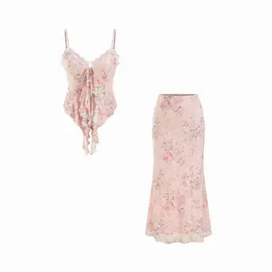 Cider Floral Lace Trim Tie Front Cami Top & Mid Rise Bodycon Maxi Skirt Set