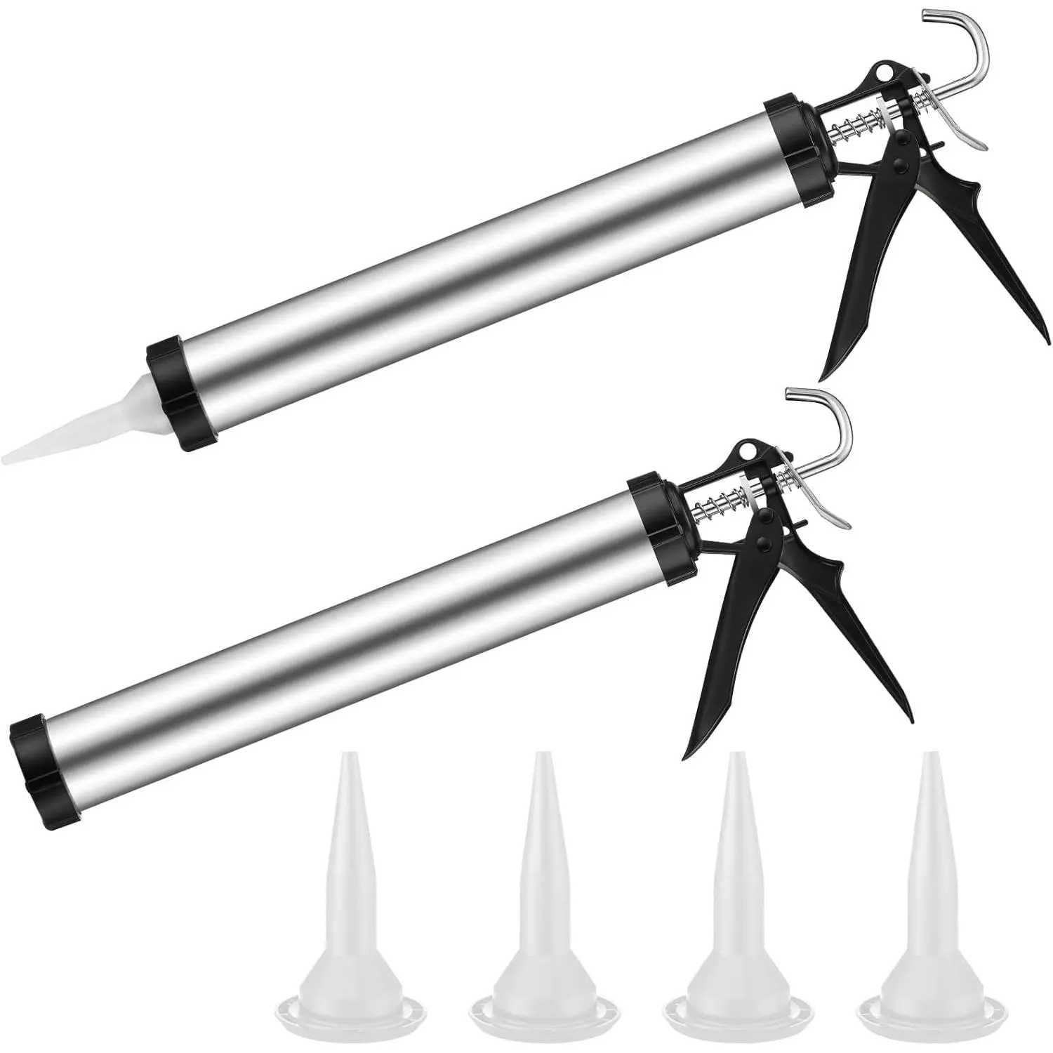 2 Pack Sausage Caulk Gun 20 oz Aluminum Sausage Caulking Gun Cordless Caulk Gun with 4 Cone Nozzles, 18: 1 Thrust, Aluminum Sealant Hand Caulk Gun Kit for Contractors