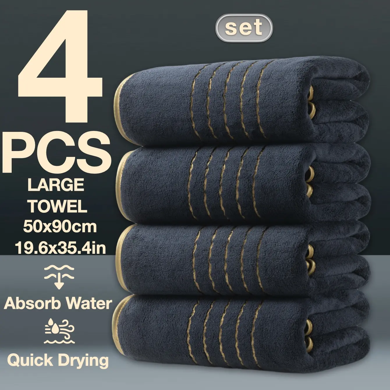 4-Piece Gold Thread Decorative Large Towels 50x90cm, Modern Simple Premium Towel Set, Quick-Dry Absorbent Microfiber, Suitable for Home Camping Hotel School Community Factory