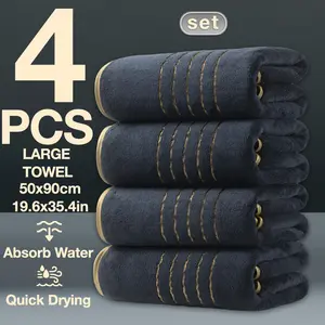 4-Piece Gold Thread Decorative Large Towels 50x90cm, Modern Simple Premium Towel Set, Quick-Dry Absorbent Microfiber, Suitable for Home Camping Hotel School Community Factory