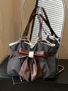 Polka Dot Bowknot Tote Bag, Vintage Style Large Capacity Shoulder Bag, Versatile Casual Handbag for Office and Dates, Multi Functional Bag, Stylish Versatile Bag