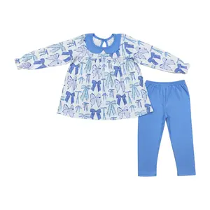 GLP1517 Girls Outfits Long Sleeve Blue Bow Printed Kids Clothing Casual  Milk Silk Top Cotton Pants