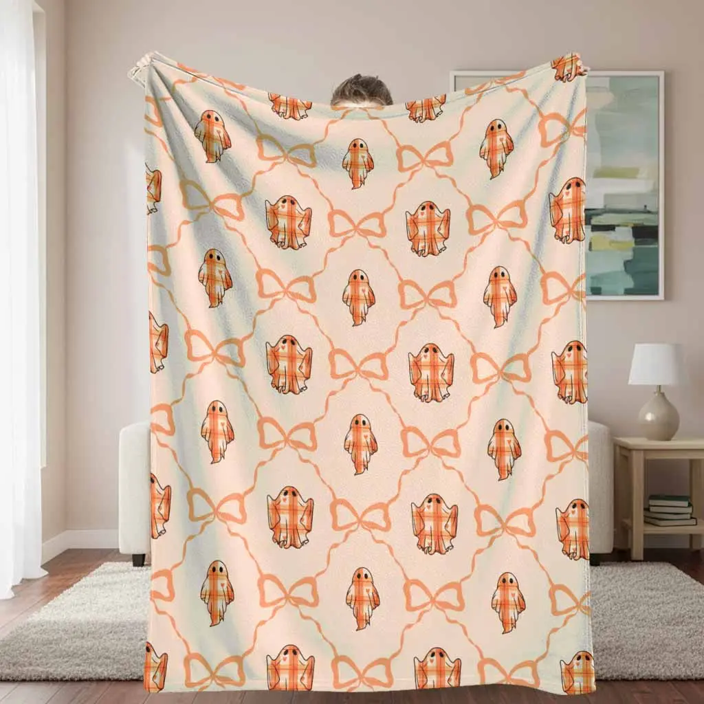 Cute Plaid Ghost Flannel Throw Blanket Aesthetic Ribbon Pattern Super Soft Lightweight Plush Bedspread Warm Cozy Breathable Wrap for Living Room Bedroom Sofa Couch Travel Camping Gift