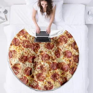 Round Creative Home Flannel Blanket, Pizza Pattern Warm Throw, Gift Blanket for Naps, Sofa, Office, Camping, Multi-Purpose, Cozy Throw Blanket