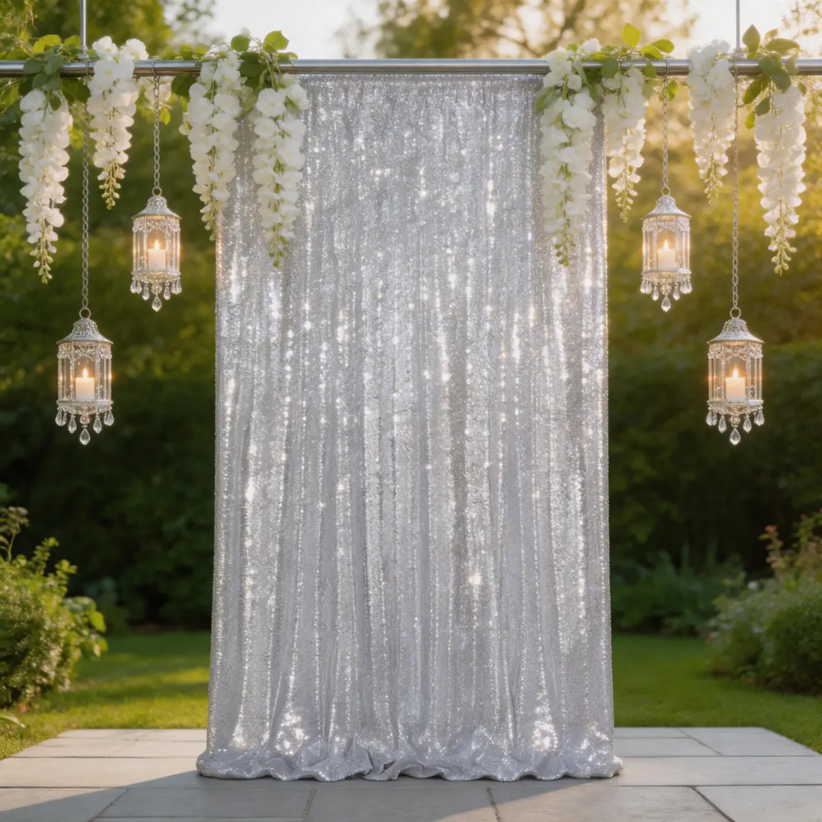 Shiny Round Silver Sequin Curtain Panel (4ftx8ft) - Festive Backdrops & Banners for Window, Room Decor, Baby Shower, Arch Photography