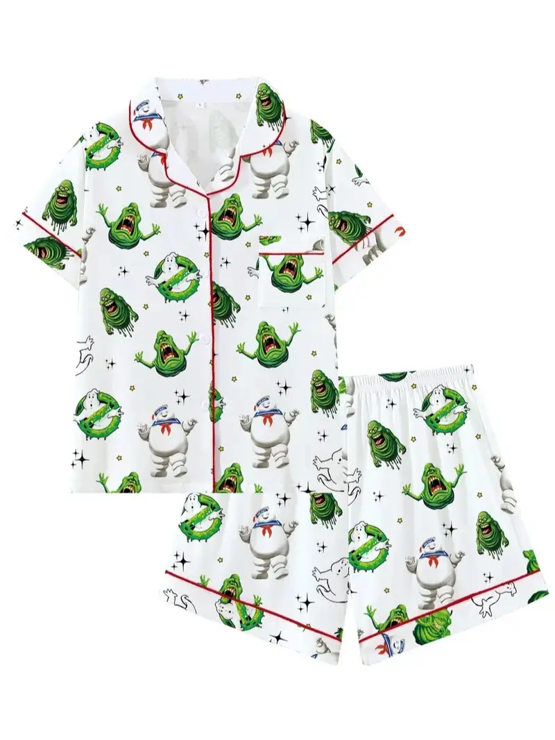 Halloween Retro Monster Pajama Set – Women's 80s Nostalgia Button-Up Short Sleeve 2-Piece Sleepwear