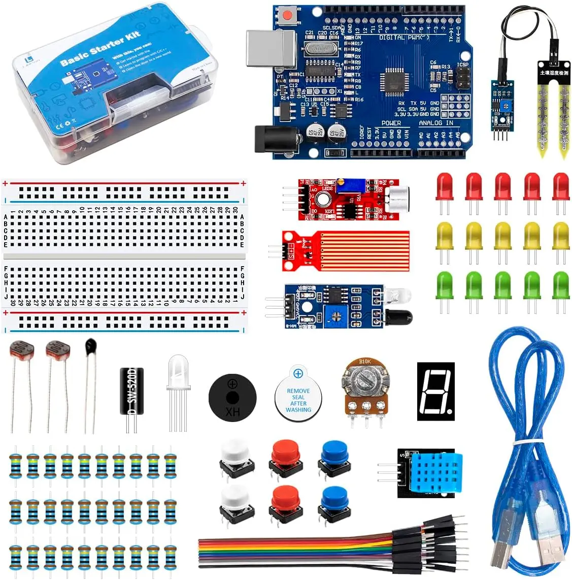 Arduino IDE-Compatible Basic Starter Kit (R3 CH340, Breadboard, RGB LED, 10 Male-to-Male Dupont Wires, 1-Digit 7-Segment Display, Active Buzzer, Button Switch, Potentiometer, DHT11, Soil Humidity Sensor, USB Cable, Retail Box) for DIY Projects, 1Pcs Activ