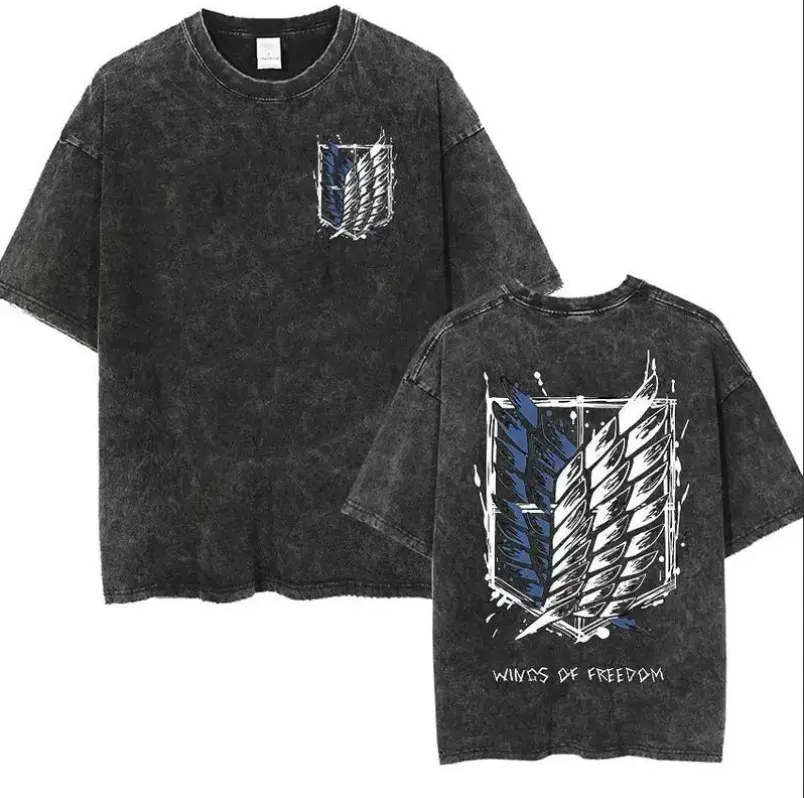 Vintage Washed Black Attack On Titan Wings of Freedom Survey Corps Double Print Graphic T-Shirt Oversized Anime Streetwear Tee# trendy streetwear shirt # casual style graphic # unisex graphic # summer cotton # appreciation shirt