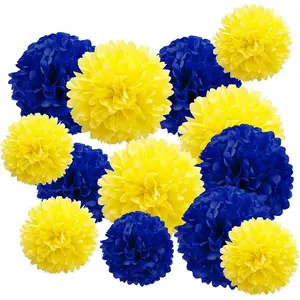 Blue and Yellow Tissue Paper Pom Poms Decorations 12" 10" Paper Flowers for Party Ceiling Hanging Decor 12 Pcs