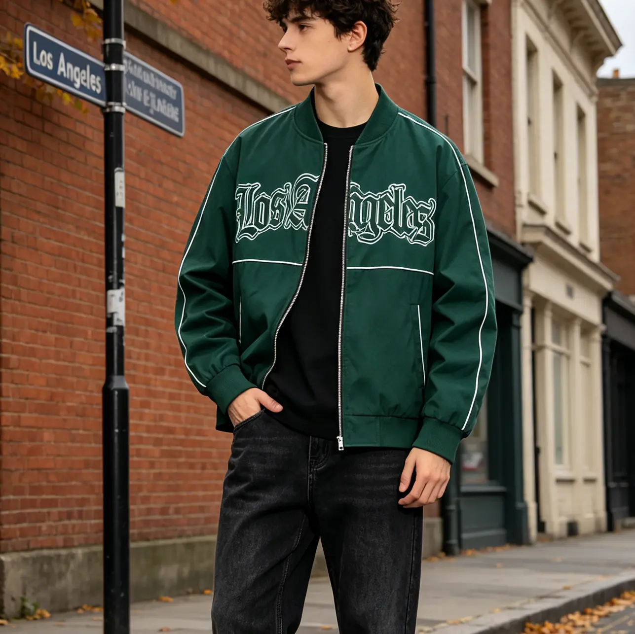 Men’s American high-street baseball jacket for spring/autumn, Gothic letter embroidery, loose fit, aviator jacket, streetwear brand, retro casual outerwear army green bomber