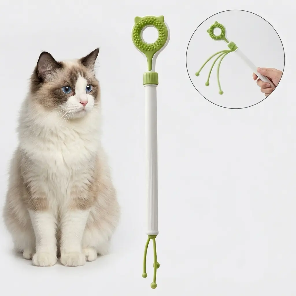 Compact Interactive Cat Wand Toy - Retractable Telescopic Teaser with Bird & Plush Ball Attachments, Indoor All Seasons Daily Fun Chase Game Toy, Green Birthday Gift for Cats & Kittens