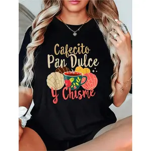 Women's Hispanic Mexican Concha Coffee Cafecito Pan Dulce Y Chisme Graphic Tshirt, Casual Round Neck-Crewneck Womenswear, Soft Short Sleeve Summer Sports Top, Fashionable Comfortable Outdoor Apparel