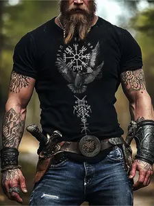 Men'S Viking Nordic Graphic T-Shirt| Norse Mythology Eagle And Rune Viking Ship Design - Lightweight Breathable Tee - Big And Tall Sizes Available - All-Season Casual Streetwear For Cosplay