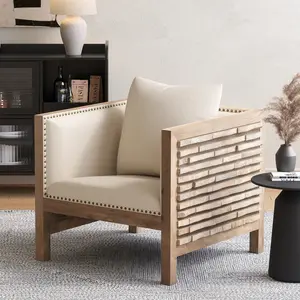 YOUDENOVA 30" W Extra-Large Natural Accent Armchair with Square Back Cushion, 100% Solid Pine Wood Frame, Handcrafted Upholstery, Nailhead Trim & Fully Assembled – Ideal for Living Room or Bedroom