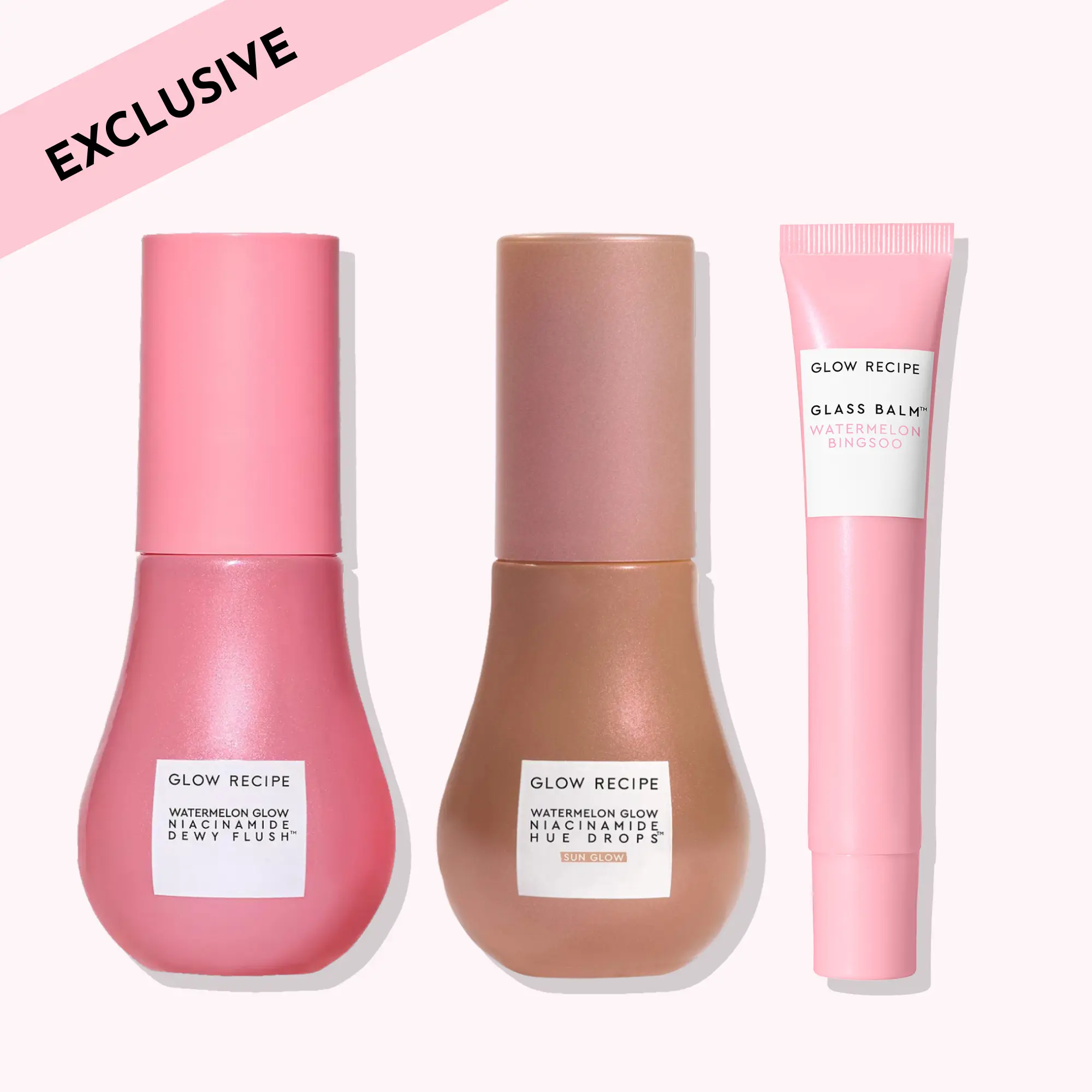 Glow Recipe Glow Hues Korean Cosmetic Facial Makeup Set, 3-Piece Watermelon Kit with Hue Drops, Dewy Flush, Lip Balm for Dewy Skin - Beauty Gifts for All (CI 15850)