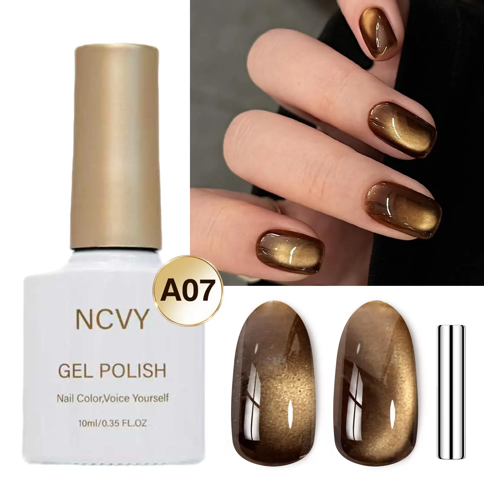 NCVY gold Cat Eye Magnetic Gel Nail Polish, Nail Care, Manicure, Gel Polishing, 10ml/0.35oz bottle with magnetic tool, long-lasting formula with LED curing, salon quality, perfect for DIY at home, ideal gift for Valentine's Day, safe formula free of HEMA