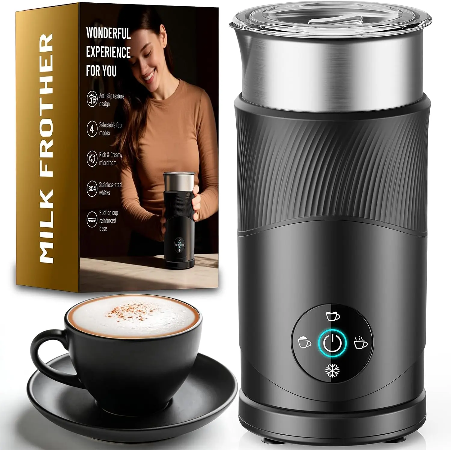 4-in-1 Electric Milk Frother, Compact 350ml 450W Milk Steamer with Silent Mode - 120s Fast Frothing, 180ml Foam Capacity, Hot & Cold Function, Under 55dB, SUS304 Steel, 2 Whisks for Latte, Cappuccino, Family Use