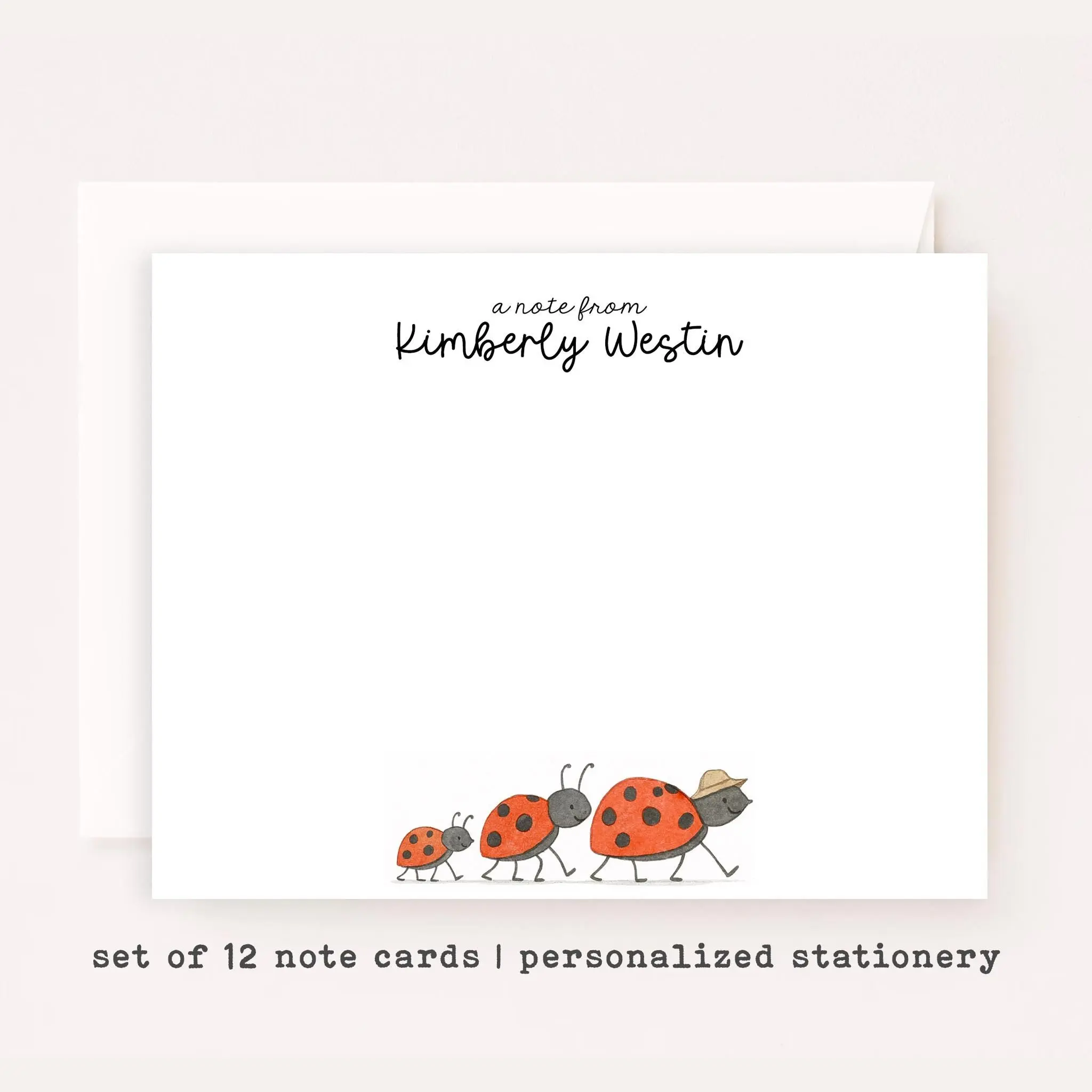 Personalized Ladybug Stationery • Cute Bug Notecard Set • Custom Name Note Cards • Kids Thank You Cards • Ladybug Family Set of 12