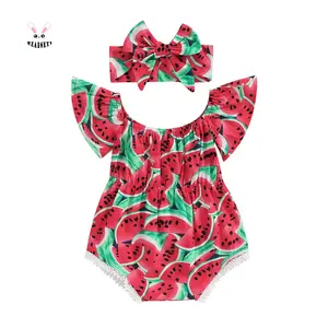 Toddler Girl 0-3 Years Summer Romper, Red Pink Watermelon Print Sleeveless Ruffle Jumpsuit With Headband Cotton Blend Set