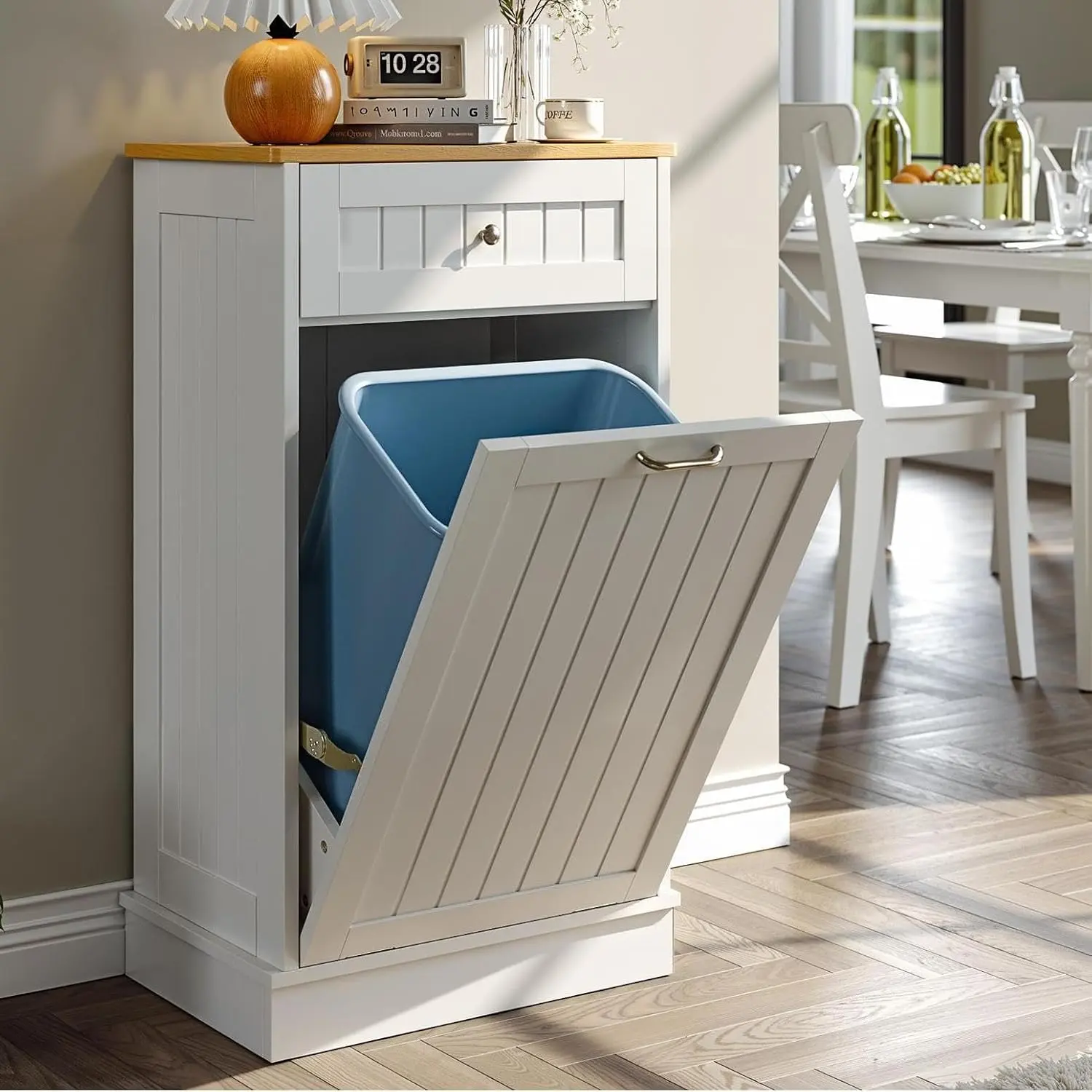 Tilt Out Trash Can Cabinet, Hidden Trash Cabinet with Drawer, Wooden Dog Proof Trash Can Holder, Tilt Out Laundry Hamper, Garbage Can Holder (White)