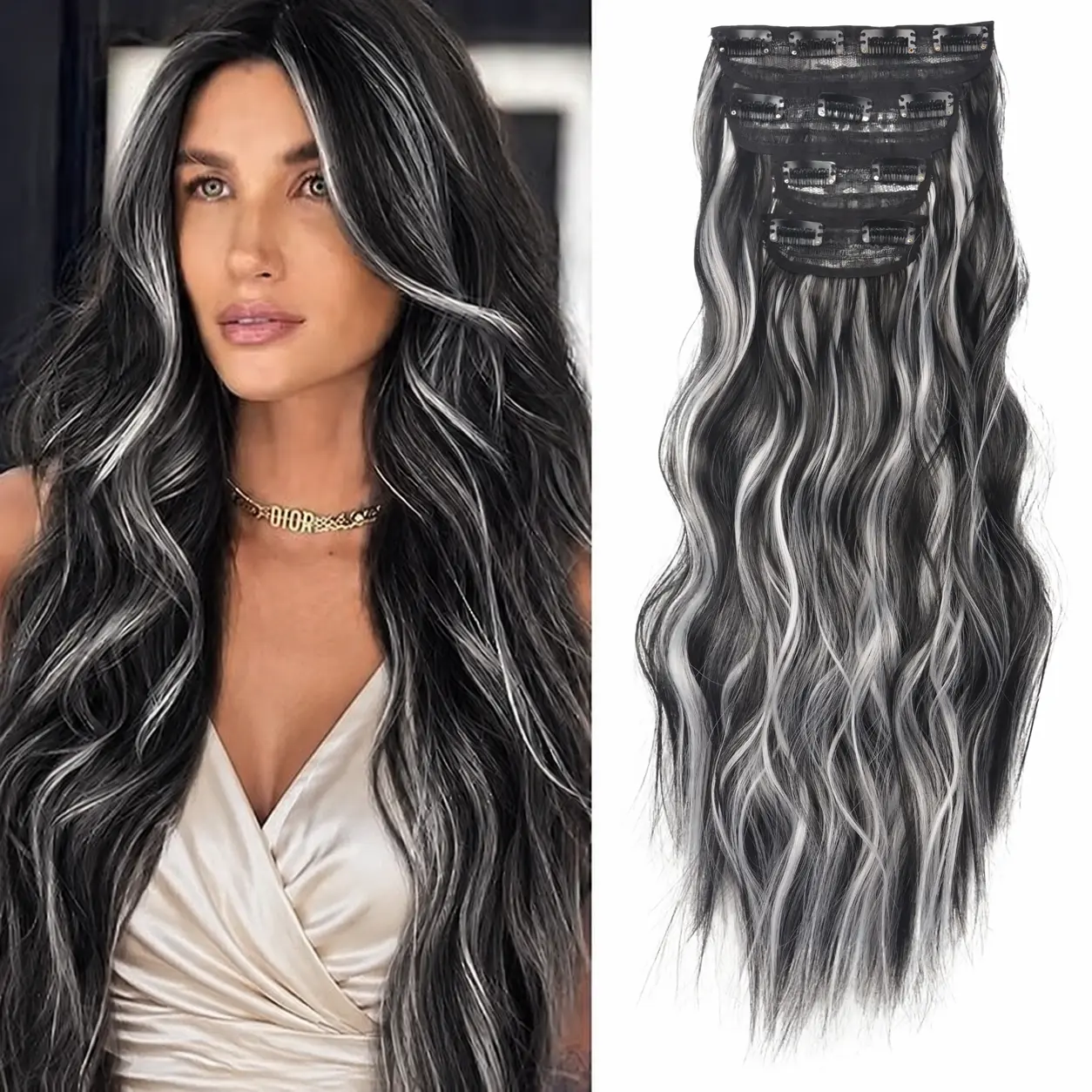 Women's 4-Pcs Clip-in Synthetic Extensions & Pieces, 20in Natural Layer Wavy Curls, 190g Double Weft Invisible Soft Hairpieces for Instant Length, Casual, Ponytail Hairstyles