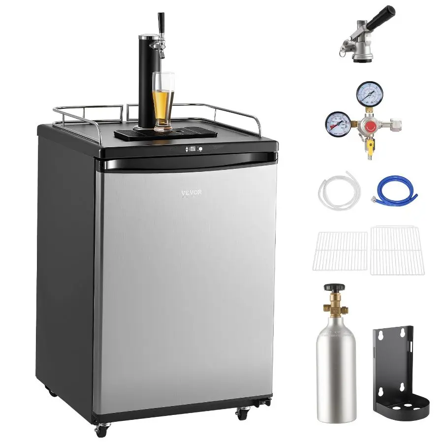 【Summerfinds】 VEVOR Single Tap Beer Kegerator, Full Size Barbecue Keg Refrigerator with Shelves, 5-lb CO2 Tank, Drip Tray Rail, 32F-75.2F Temp Control, Holds 5.17 Gal Sixth Barrels, 15.5 Gal Kegs, Silver, 7.75 Gal Quarter Barrel