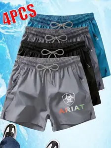 4-Pack Quick-Dry Sport Shorts, Running Fitness Swimming Beach, Outdoor Sports Lovers, Shield Letter Print, Lightweight Water-Repellent Fabric, Unisex