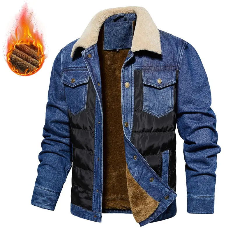 Zaitun Men's Sherpa Trucker Jacket Fleece Denim Jacket Turn-Down Collar Puffer Jacket Warm Winter Coat with Pockets