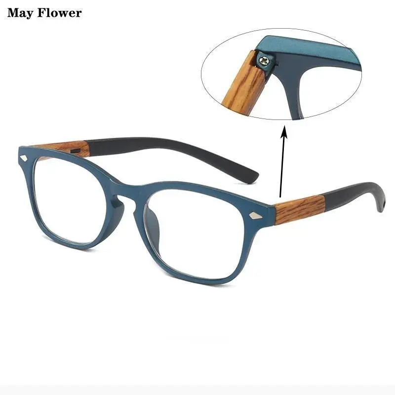 May Flower Square Retro Vintage Wood Reading Glasses Men Dioptric Glasses Women Glasses For Sight Plus Wood Grain +1.5+2+3.5+4