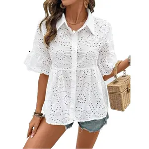 ZQ- Women's Slim-Fit, Breathable Embroidered Shirt — Summer Openwork Blouse: An Elegant Yet Casual Top Perfect for Everyday Wear