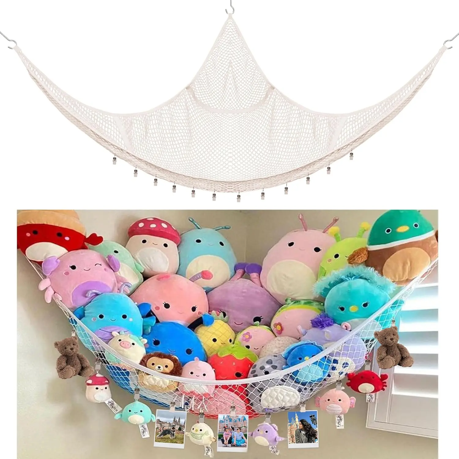 Hangable Stuffed Animal Toy Organizer Storage Hammock, Corner Hanging Net with Anchors and Hooks for Hassle-Free Hanging, Enhances Organization in Toy Room & Nursery (White), Includes Hooks, Enhance Organization