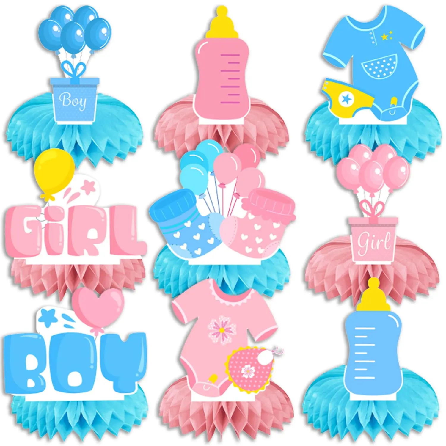 9-Piece Gender Reveal Honeycomb Centerpieces, Festive Party Decor Topper Ornaments
